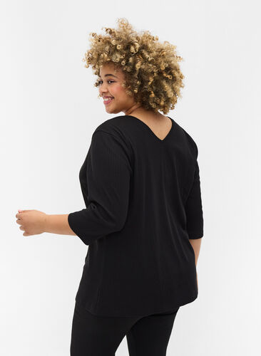 Bluse med 3/4-ermer og blondedetaljer, Black, Model image number 1