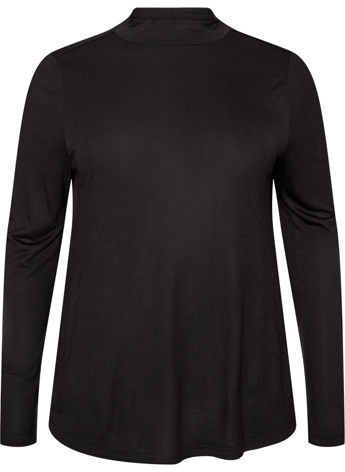 Bluse med h&oslash;y hals i viskosestoff, Svart, Packshot image number 0