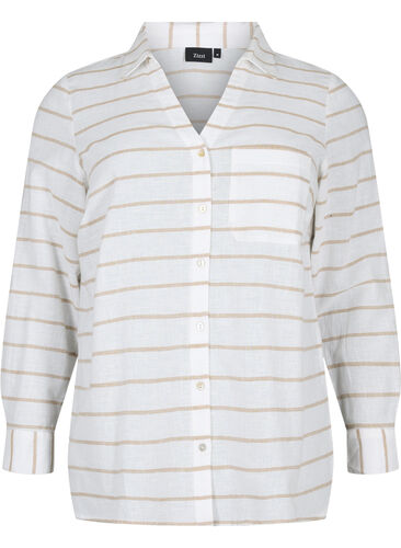 Skjortebluse med knappelukking, White Taupe Stripe, Packshot image number 0