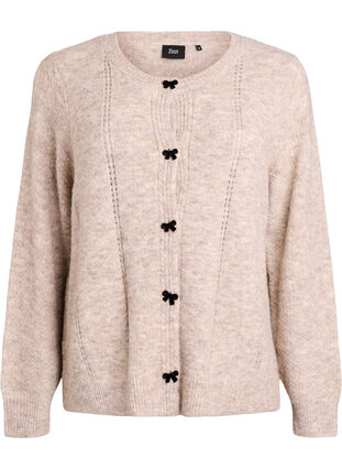 Zizzi Cardigan med sløyfeknapper og hullmønster, Feather Gray Mel., Packshot image number 0