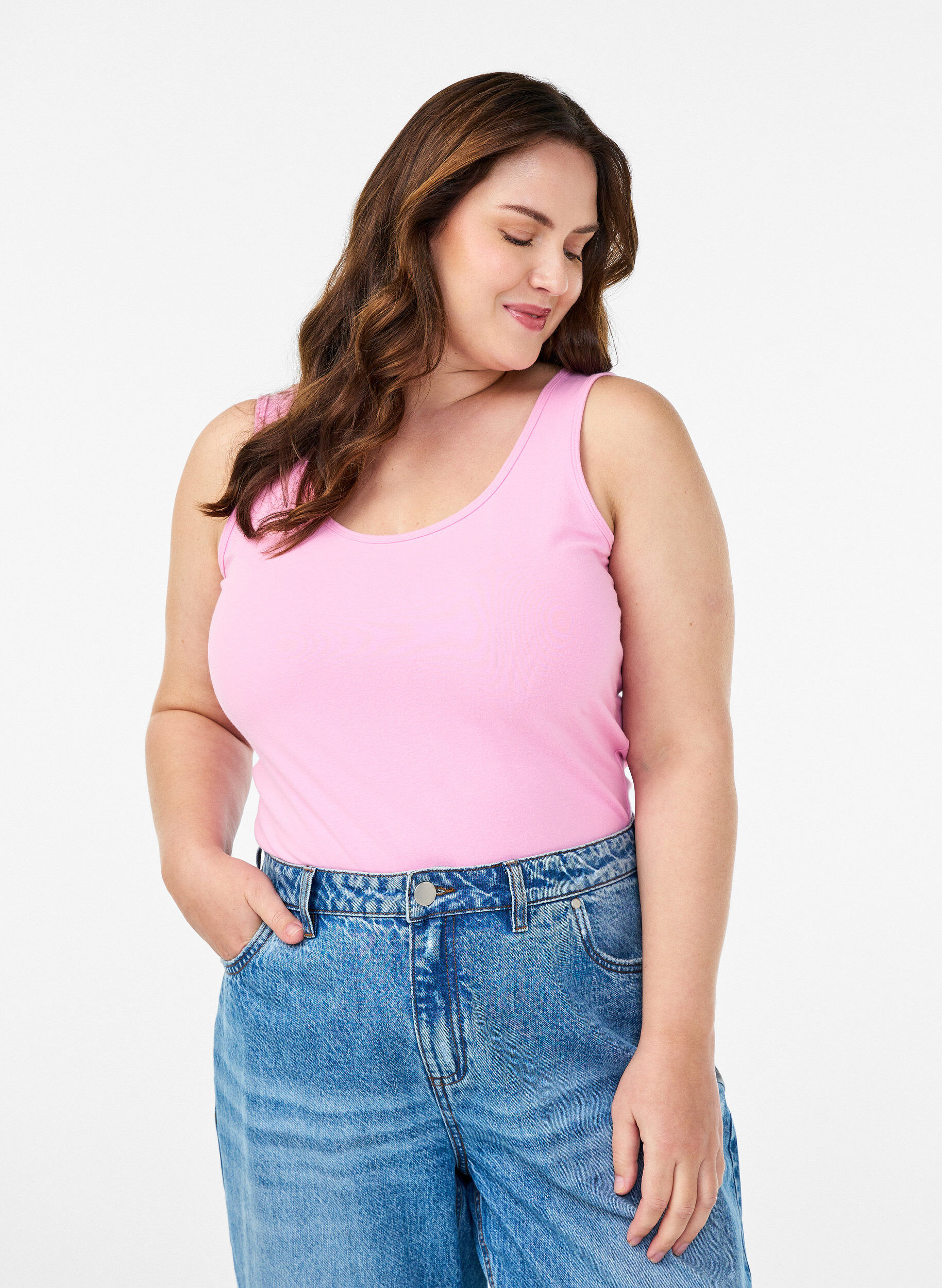 ZizziEnsfarget basic topp i bomull, Rosa, Model image number 0