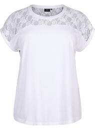 Kortermet t-skjorte i bomull med blonder, Bright White