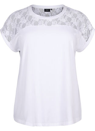 Kortermet t-skjorte i bomull med blonder, Bright White, Packshot image number 0