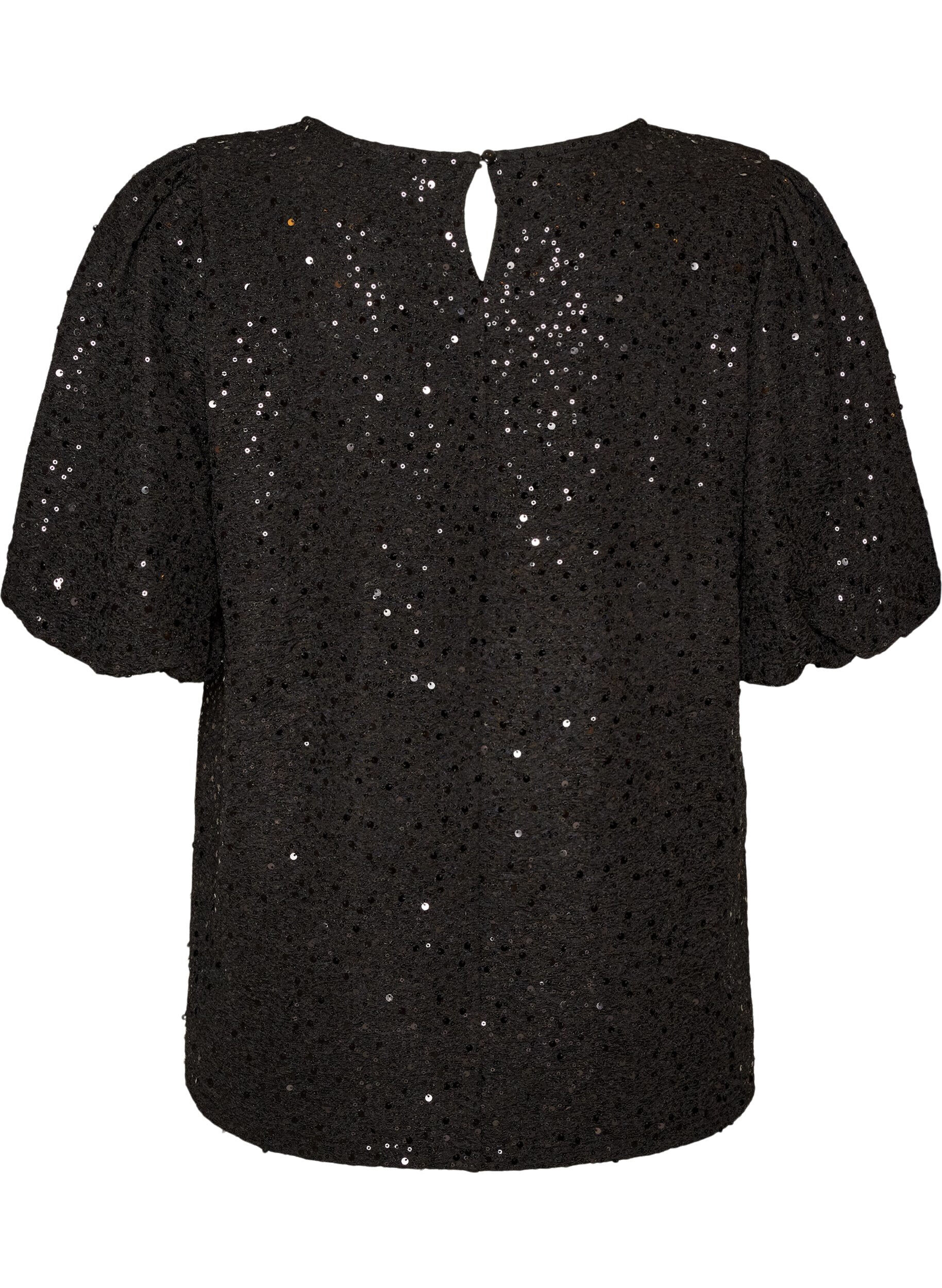 ZizziPaljettbluse med ballongermer, Svart, Packshot image number 1