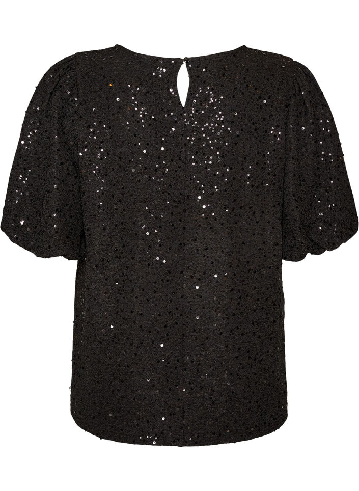 Paljettbluse med ballongermer, Svart, Packshot image number 1
