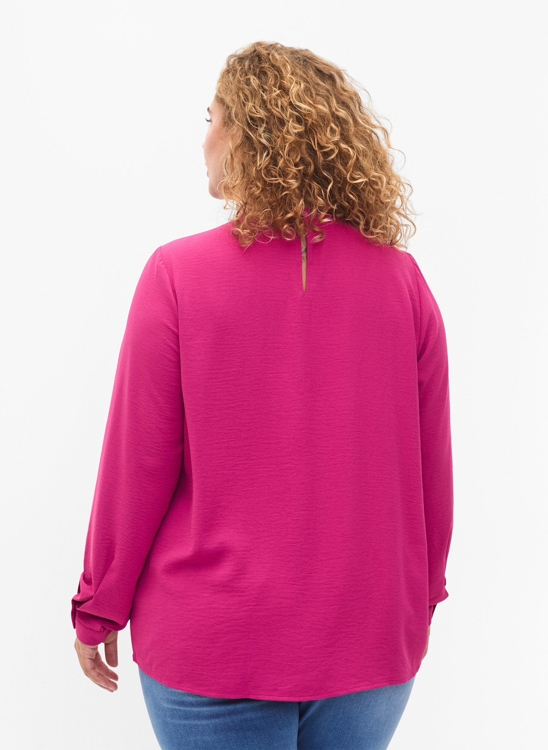 Zizzi Bluse med lange ermer og blondedetaljer, Festival Fuchsia, Model image number 1