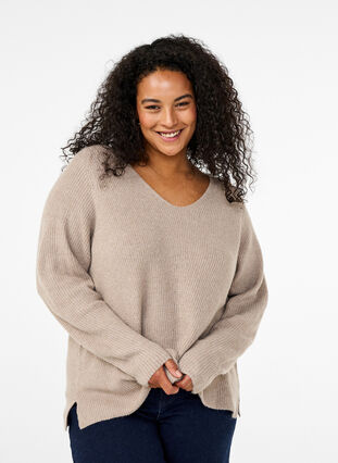 Zizzi Strikket bluse med v-hals og lange ermer, Simply T. White Mel., Model image number 0