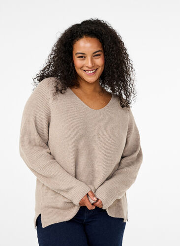 Zizzi Strikket bluse med v-hals og lange ermer, Simply T. White Mel., Model image number 0