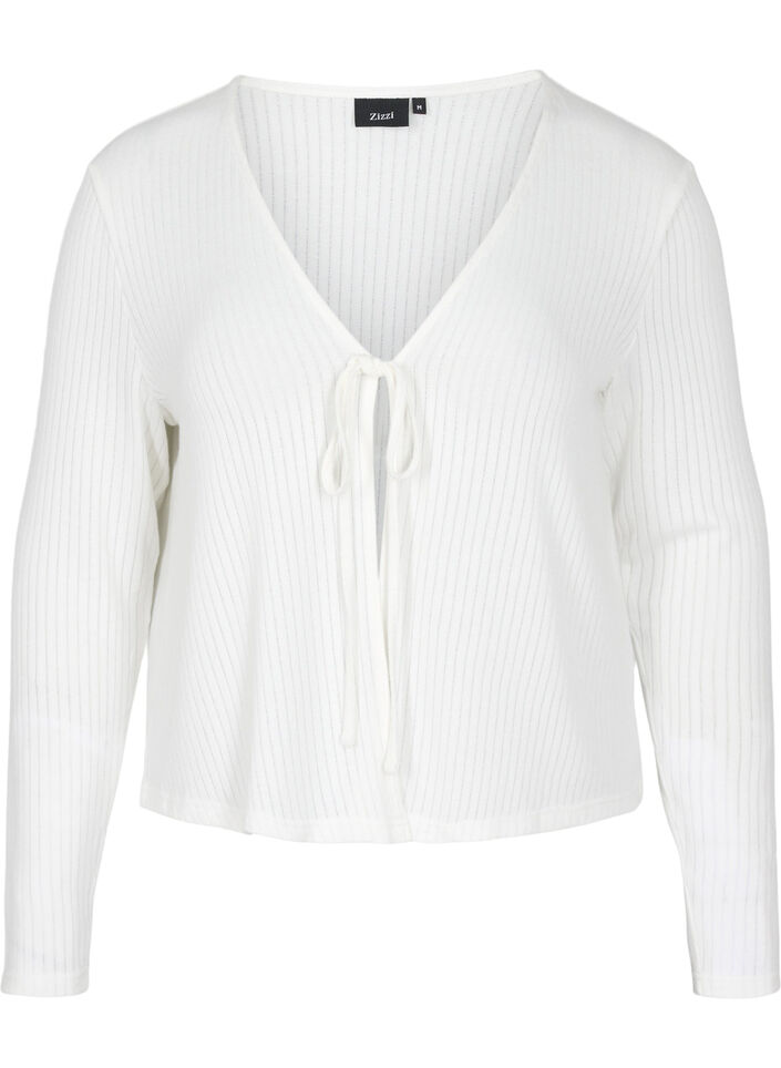 Ribbet cardigan med knyting, White, Packshot image number 0