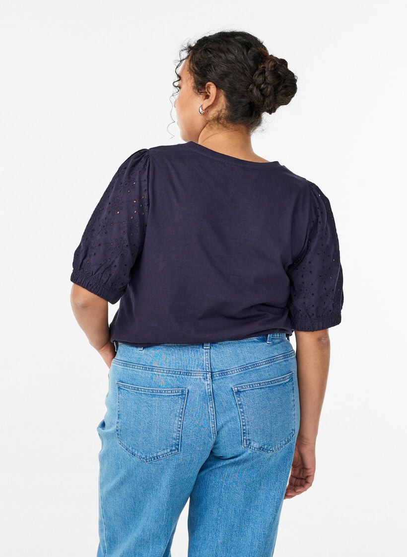 T-skjorte med Broderie Anglaise-ermer, Bl&aring;, Model image number 2
