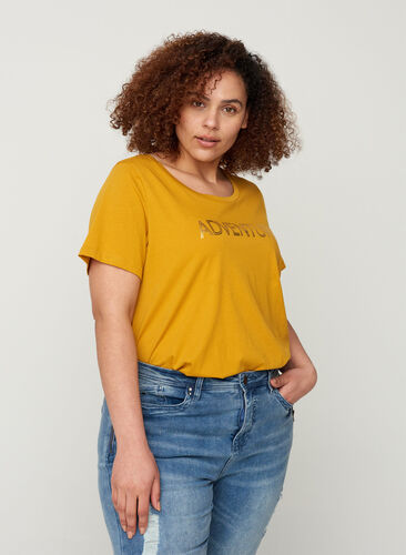 T-skjorte i bomull med A-form og trykk, Harvest Gold, Model image number 0