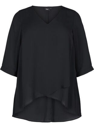 Bluse med 3/4-ermer og V-hals, Black, Packshot image number 0