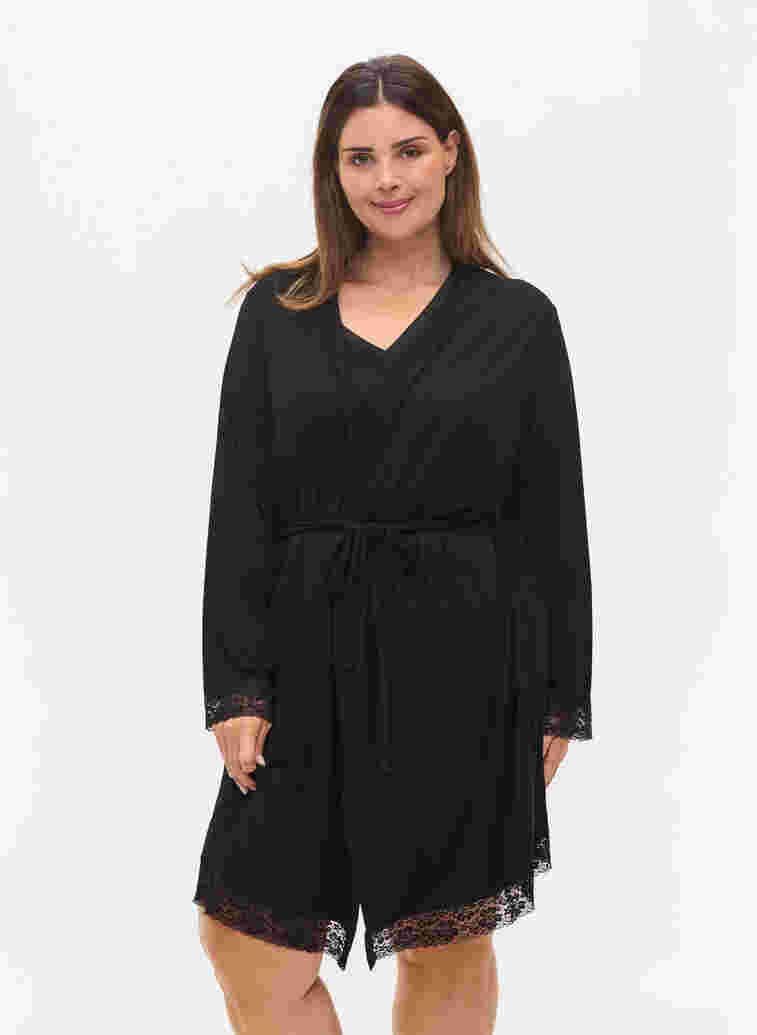 Morgenkåpe i viskose med blonder, Black, Model