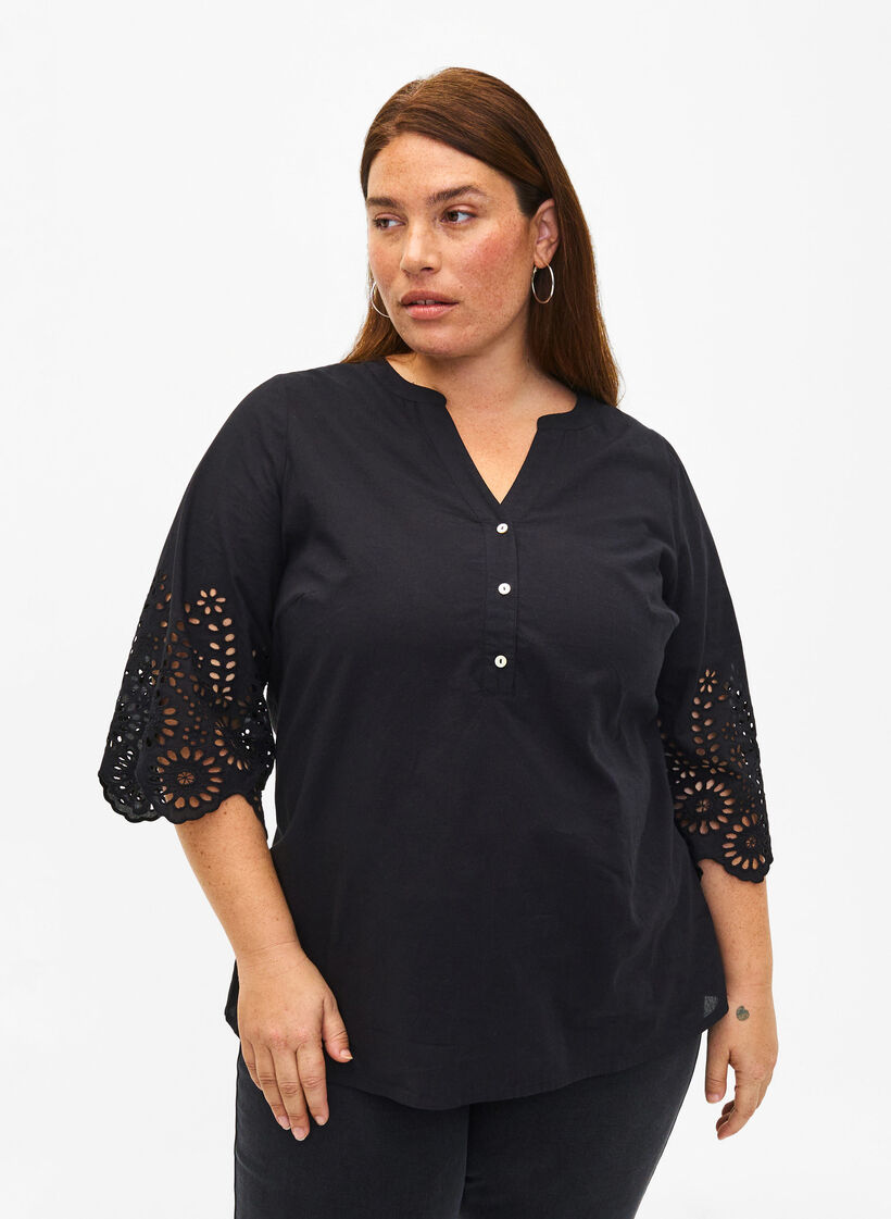 Skjortebluse med engelsk broderi og 3/4-ermer, Black, Model image number 0