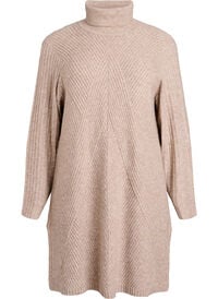 Kort strikket kjole med høy hals og ribbestruktur, Beige Kort strikket kjole med høy hals og ribbestruktur