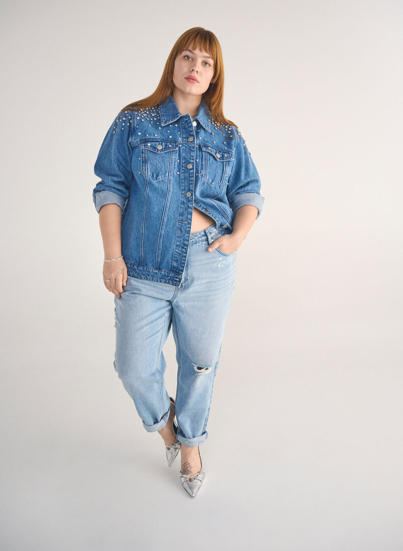 Mille Mom fit jeans med distressed detaljer, Light Blue Denim, Image