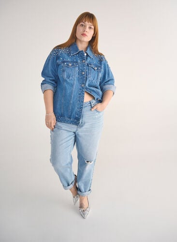 Zizzi Mille Mom fit jeans med distressed detaljer, Light Blue Denim, Image image number 0