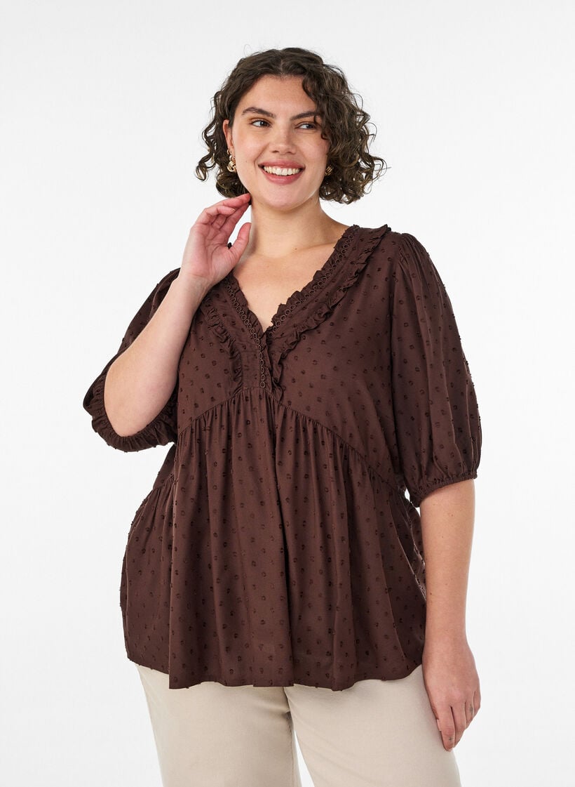 Viskosebluse med prikket tekstur og V-hals, Brun, Model image number 0