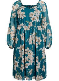 Chiffon festkjole med lange ermer, Green Flower AOP