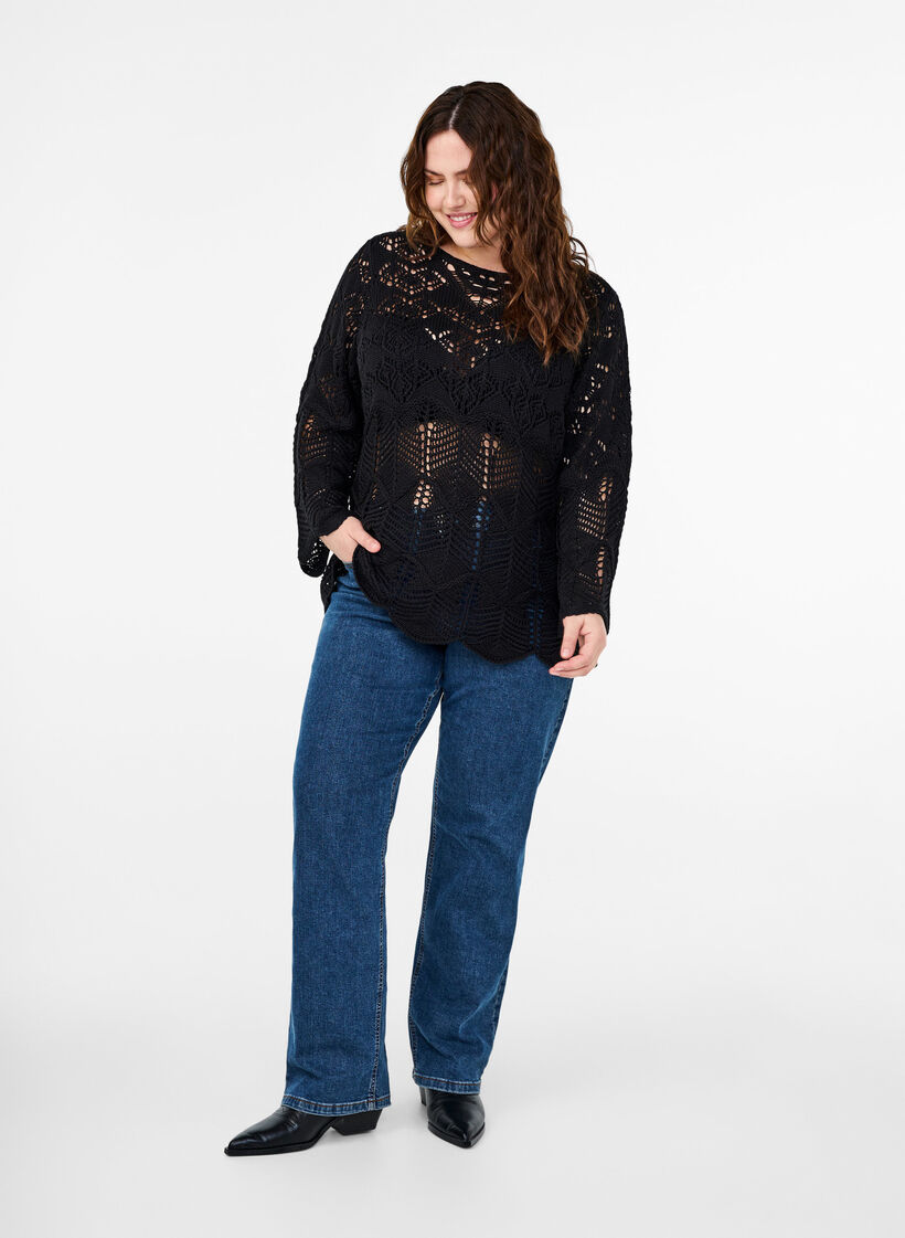 Strikket bluse med hullmønster, Black, Model image number 2
