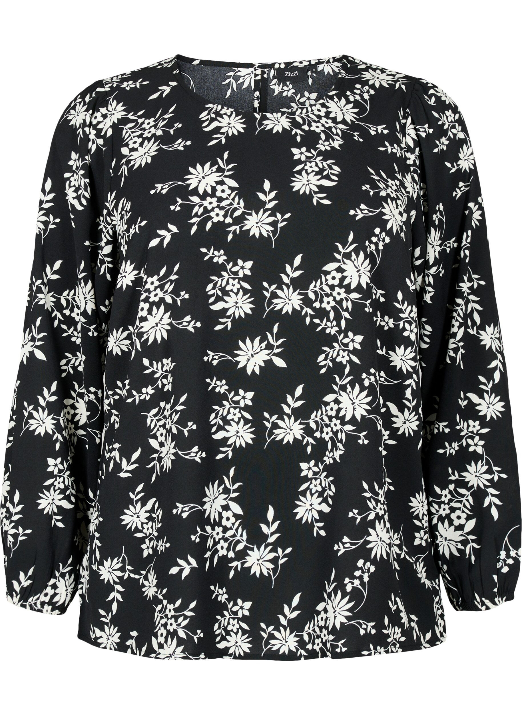 Zizzi Bluse med puffermer, Black Flower AOP, Packshot image number 0