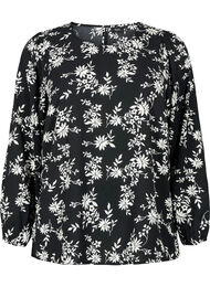 Bluse med puffermer, Black Flower AOP
