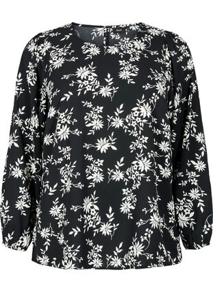 Bluse med puffermer, Black Flower AOP, Packshot image number 0
