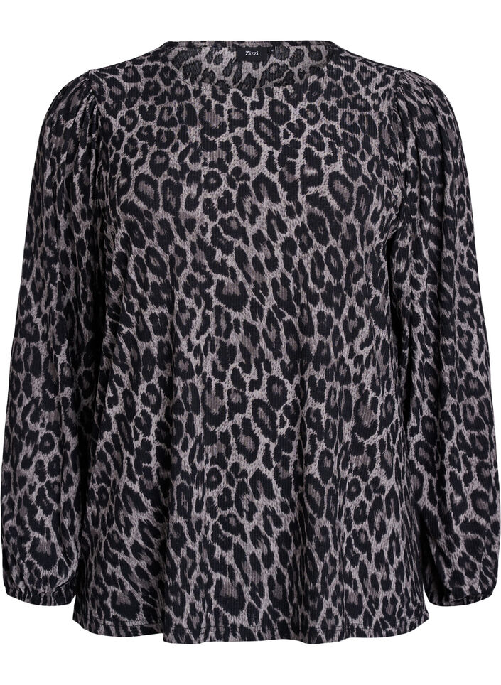 Bluse med lange ermer og leopardm&oslash;nster, Gr&aring;, Packshot image number 0