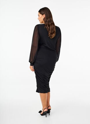 Zizzi Midi mesh kjole med draperinger, Black, Model image number 1