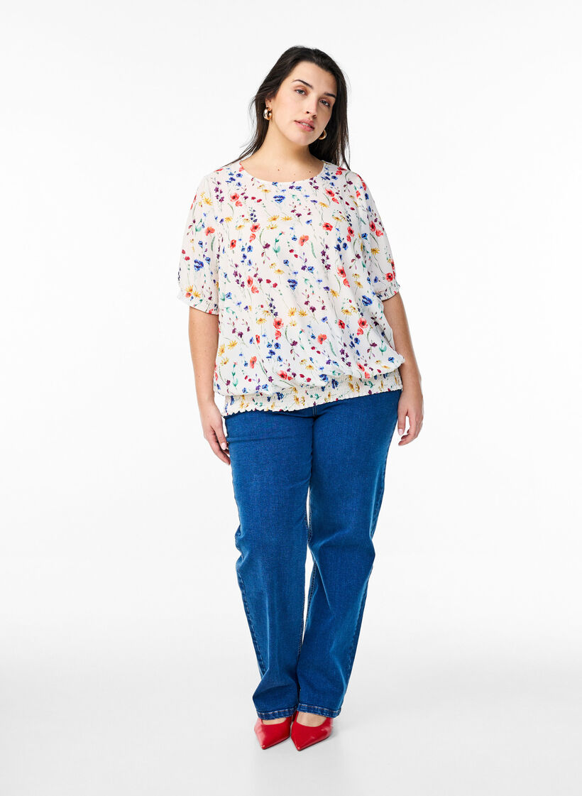 Blomstrete bluse med smock, Bl&aring;, Model image number 1