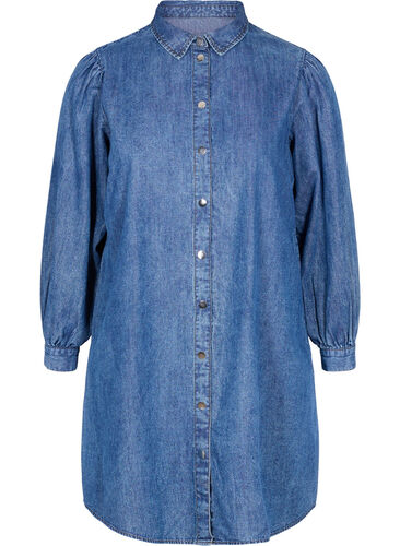Skjortekjole denim og bomull, Dark blue denim, Packshot image number 0