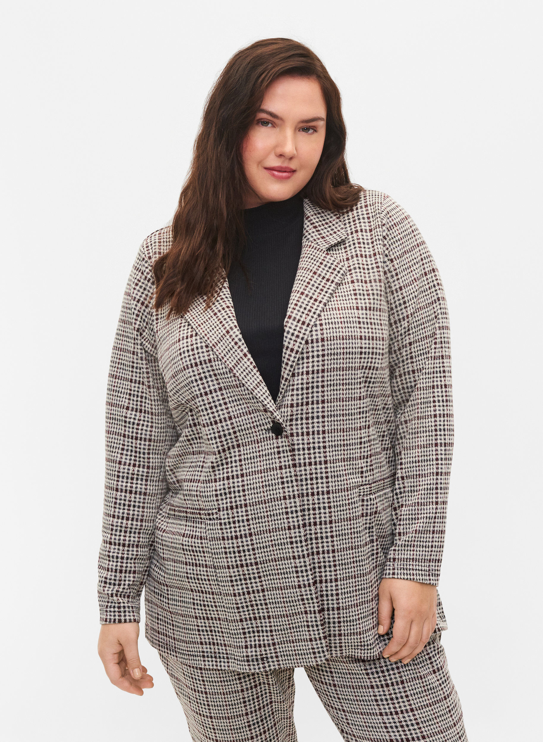 Zizzi Rutete blazer med knappelukking, Brown Check, Model image number 0