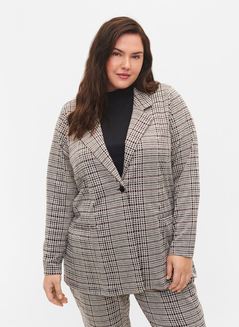 Rutete blazer med knappelukking, Brown Check, Model image number 0