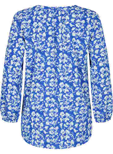 Langermet bluse med blomstermønster og V-hals, Blue White Flower, Packshot image number 1