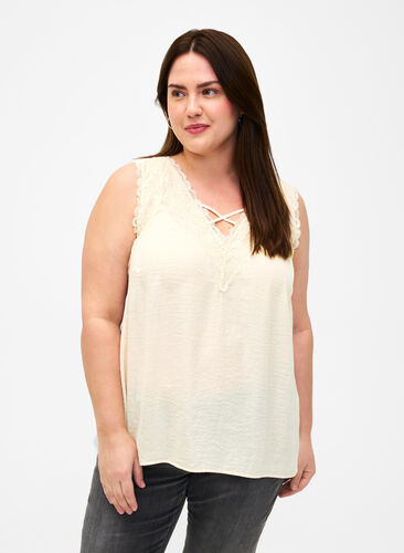 Zizzi Topp med blonder og kryssdetaljer, White Smoke, Model image number 0