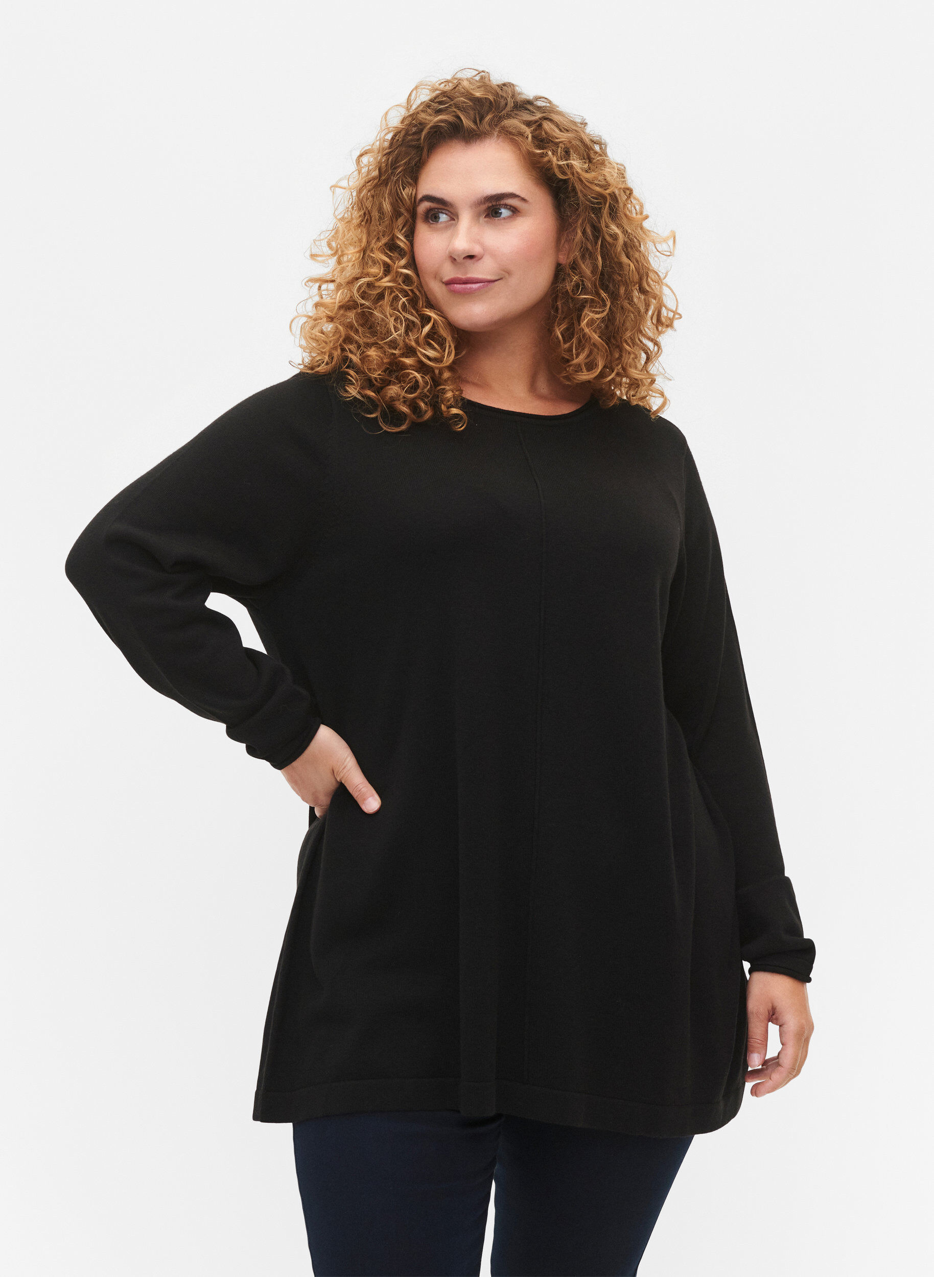 Strikket bluse i bomull og viskoseblanding, Svart, Model