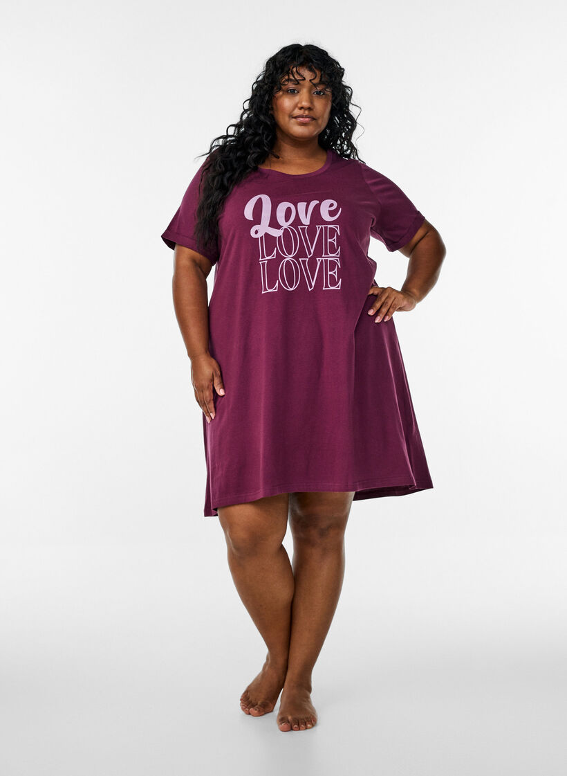 Kortermet nattkjole i økologisk bomull, Mørk Bordeaux, Model image number 1