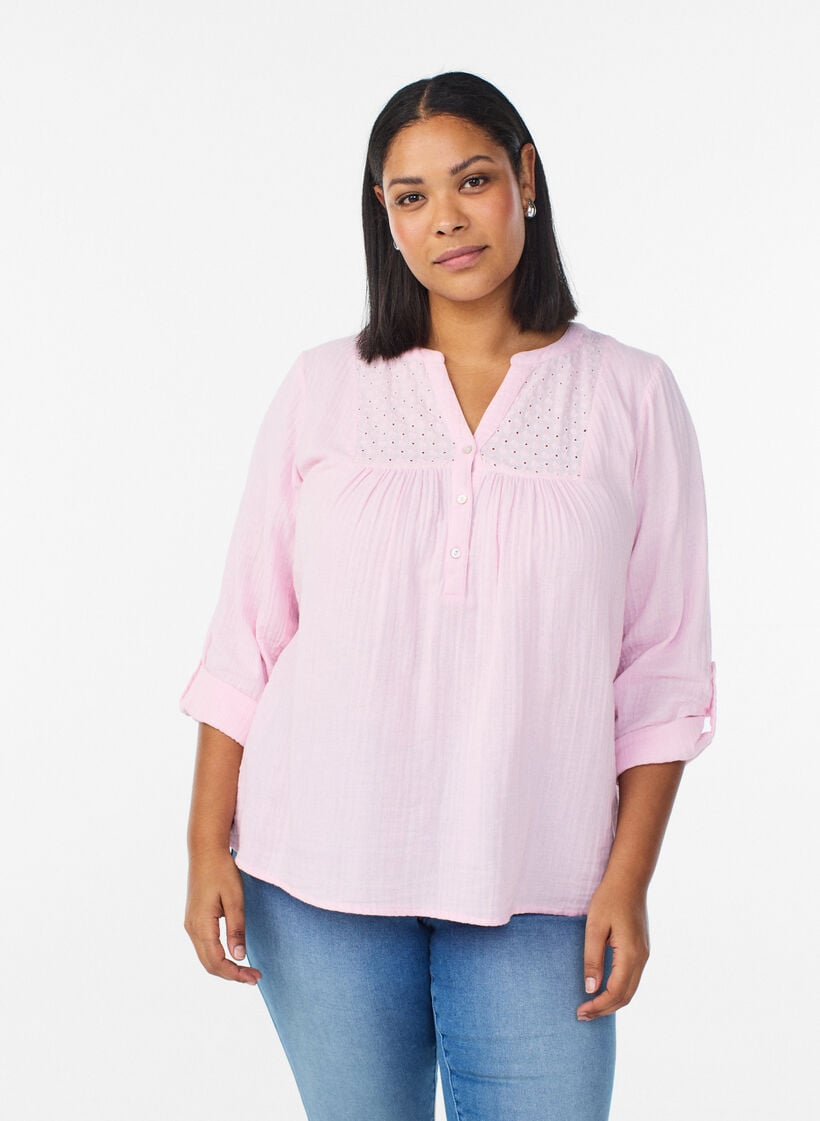 Bluse i bomullsmuslin med broderie anglaise, Rosa, Model image number 0