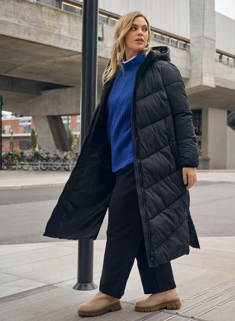 Lang pufferjakke med hette og lommer, Black, Image