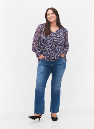 Blomstrete bluse med lange ermer og V-hals, Purple Ditzy Flower, Model image number 2