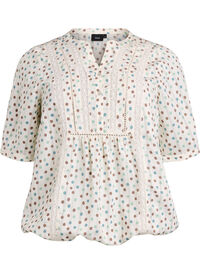 Bluse med trykk og 1/2 ermer, Hvit Bluse med trykk og 1/2 ermer