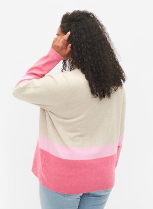 Stripete strikkegenser med rund hals, Hot Pink Comb, Model image number 1