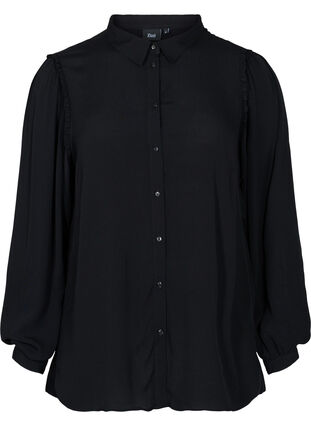 Langermet viskoseskjorte med volangdetaljer, Black, Packshot image number 0