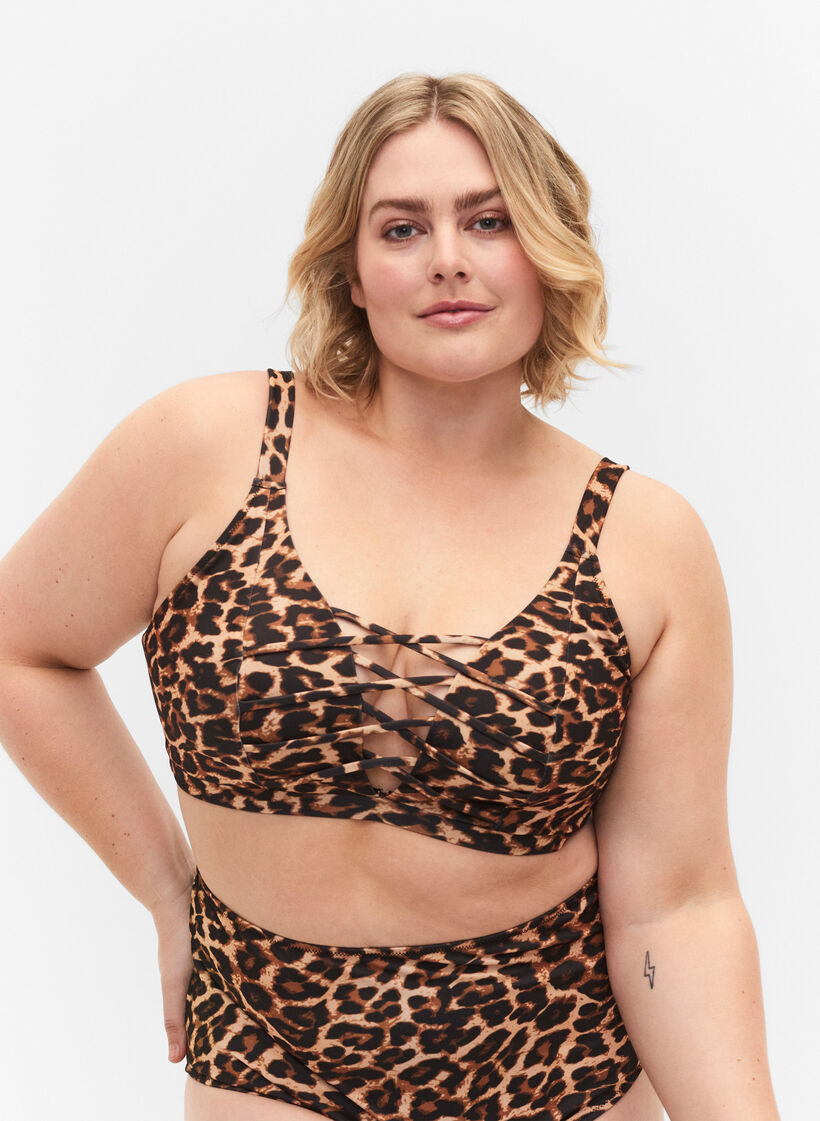 Leopardmønstrete bikinioverdel med stringdetaljer, Autentic Leopard, Model image number 0