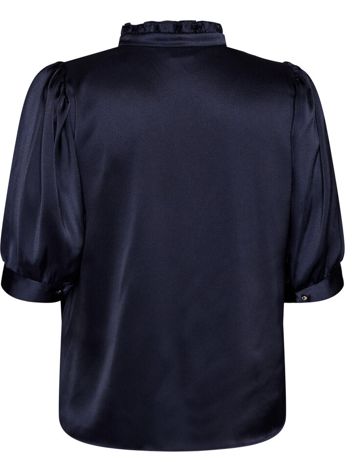 Bluse med satenglook, 1/2-ermer og volangkrage, Bl&aring;, Packshot image number 1