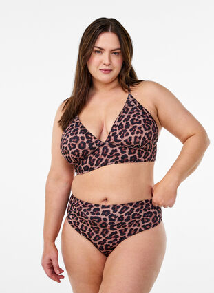 Zizzi Blomstret bikinioverdel med knyting på ryggen, Brun, Model image number 1