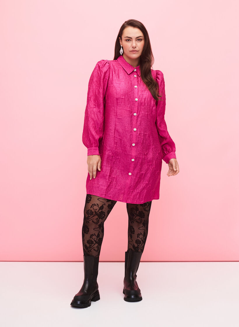 Skjortekjole med tekstur og perleknapper, Cactus Flower, Model image number 3