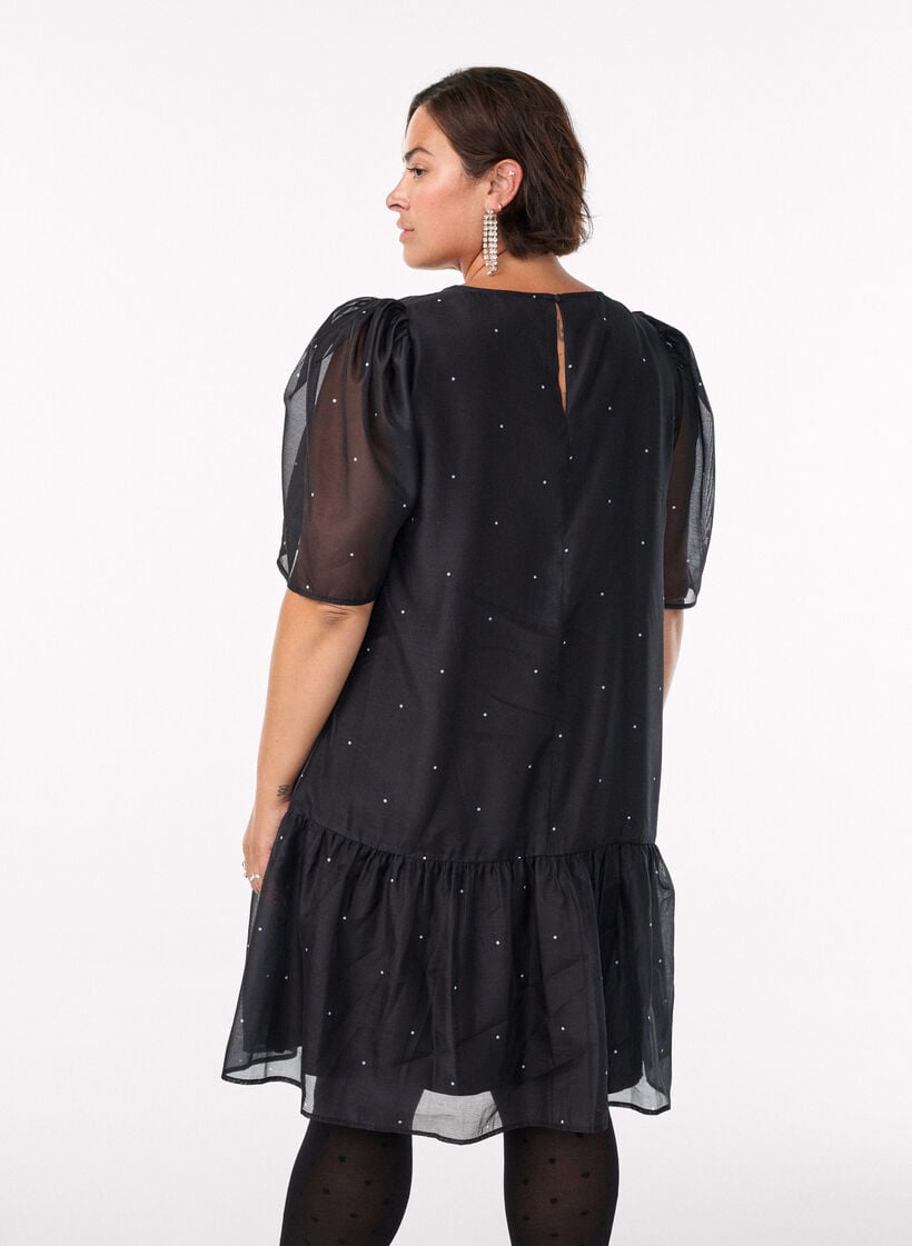 Knelang festkjole med gjennomsiktige ermer, Svart, Model image number 2