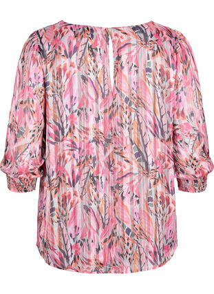 Mønstrete bluse med V-hals og 3/4-ermer, Pink Feather, Packshot image number 1
