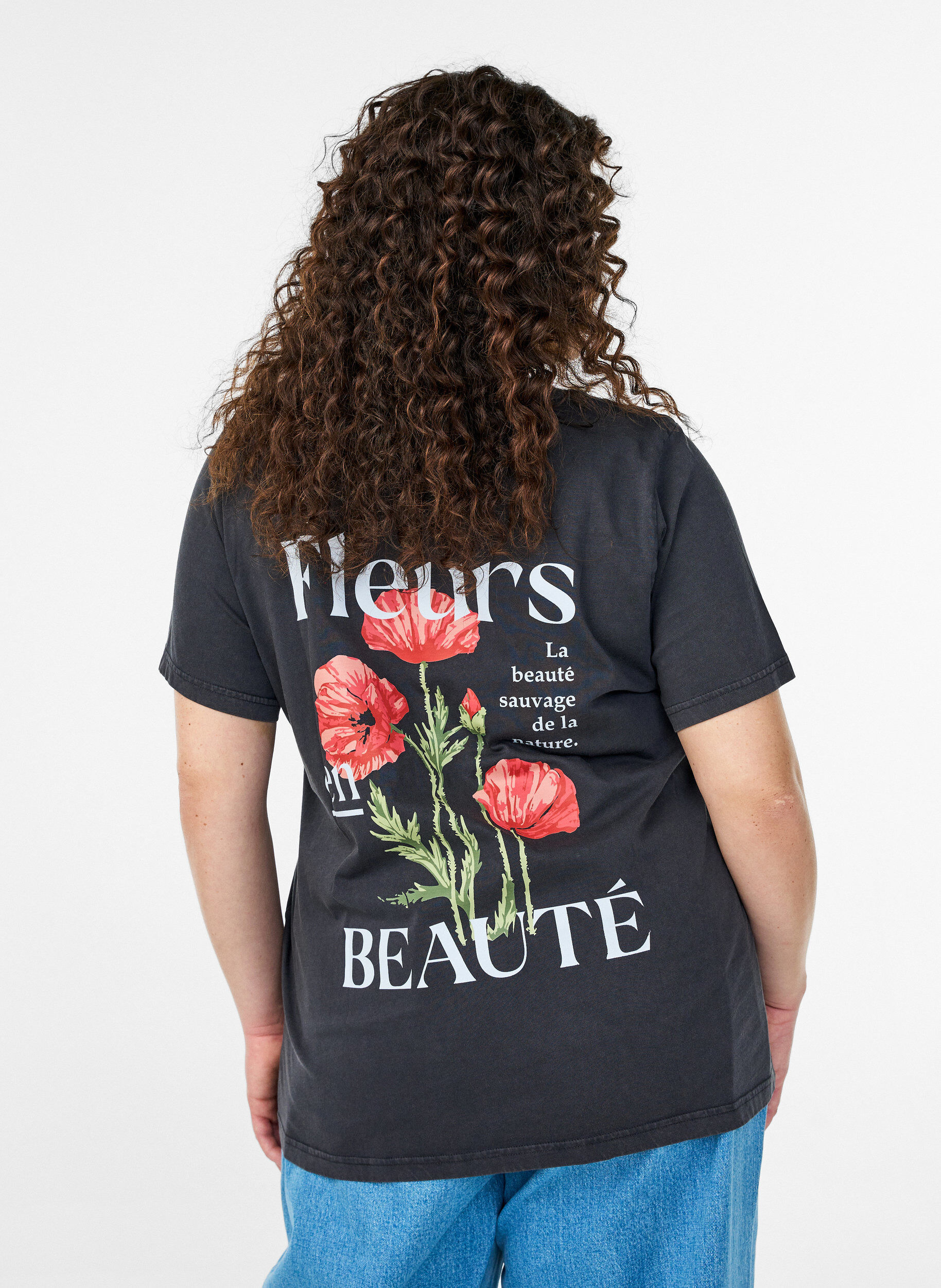 Zizzi Bomulls T-skjorte med trykk foran og bak, Gr&aring;, Model image number 2